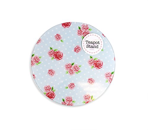 Glass Blue Floral Polka Dot Rose Teapot Kettle Stand Vintage Trivet Tea Pot (Design 2)