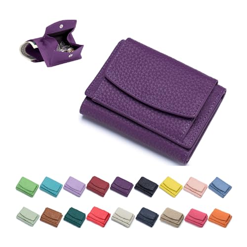 Genuine Leather RFID Blocking Card Holder Organizer Pocket Mini Wallet, 2024 New Preliminary Wallet With Coin Pouch, Womens Genuine Leather Wallet, for Family Folding Mini Wallet (E-Purple)
