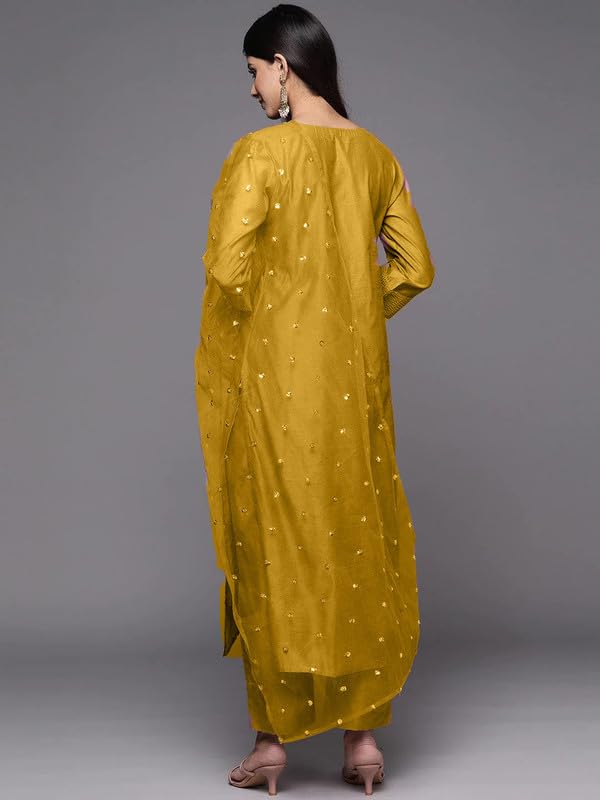 Image of Royal Export Women's Poly Silk Embroidered Yoke Design Kurta Pant Set with Dupatta