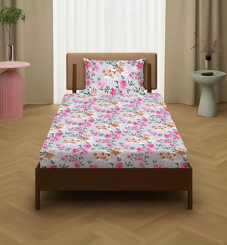 Image of la' amour Pure Cotton All Round Elastic Fitted Bedsheets with 1 Pillow Cover | Single Mattress Bed Breathable| Longlasting | Supersoft Size - 36 x 72 + 6 inches (Abstract, Color -White Pink Floral)
