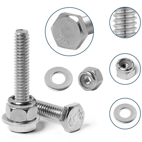 Image of 1 /4-20 Hex Bolts Screws Nylon Insert Lock Nuts Flat Washers Kit, Stainless Steel 304, Fully Threaded Hex Bolt 1 /4-20 x 1 /2 inch 3 /4 inch 1 inch 1-1 /4 inch 1-1 /2 inch 1-3 /4 inch 2 inch Length