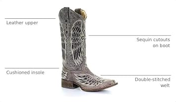 Corral Boots Women's Black Handcrafted Cowboy Boots | Square Toe Western Boots with Glitter Cross Wings Embroidered Design
