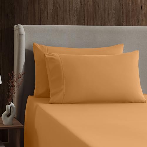 Image of Nestl Split King Bed Sheet Set - Light Orange - 5-Piece Deep Pocket | Instantly Soft, Night-One Ready (No Wash Required). Fits 16-Inch Deep Pockets, 360-Degree Elastic Grip