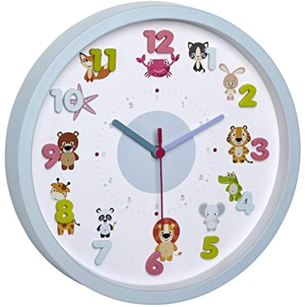 TFA Dostmann LITTLE ANIMALS dziecięcy zegar ścienny z motywami zwierzaków, cichy mechanizm zegarowy, idealny do pokoju dziecięcego, tworzywo sztuczne, szkło, jasnoniebieski