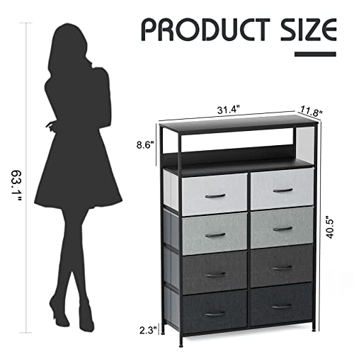 Llappuil 8 Drawer Dresser With Shelf, Fabric Dressers Chests Of Drawers, Tall Dresser Clothes Storage Drawers Dresser For Bedroom Closet Nursery, Grey #TOP2