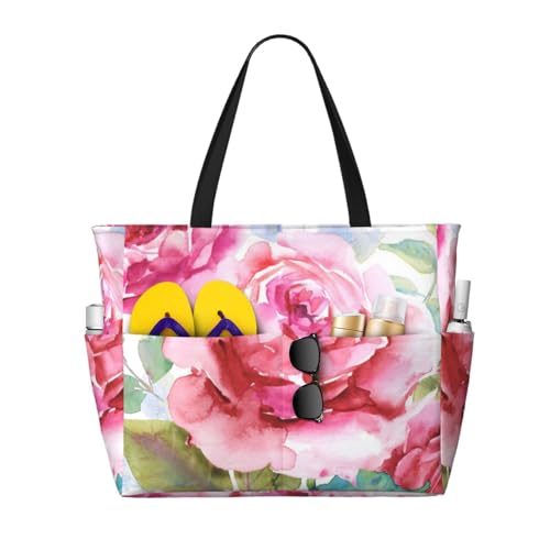 Sac de plage grand format femme Belles Fleurs Rose sac fourre-tout floral à poignées confort