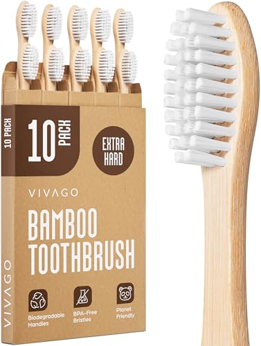 VIVAGO Extra Hard Toothbrushes for Adults - 10 Pack - BPA Free Hard Bristle Toothbrush - Extra Firm Bamboo Toothbrushes
