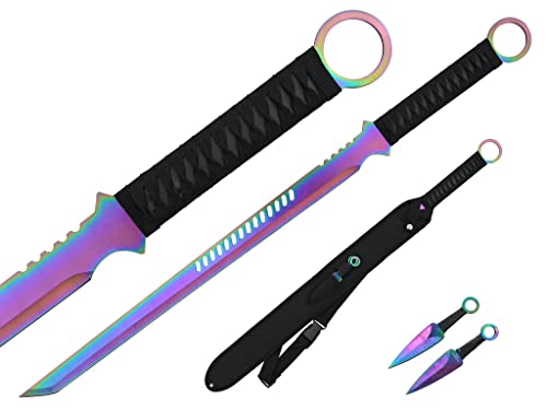 Ninja Sword Machete Throwing Knife Tactical Katana Tanto Blade, 27-Inch … (Rainbow Single Blade)