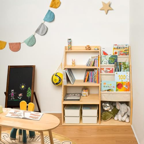 MORIMOE Kids’ Bookcase & Toy Storage Organizer, Solid Wood, 100% Non-Toxic, Multipurpose Bookshelf for Playroom, Toddler Room, Classroom, Large Capacity