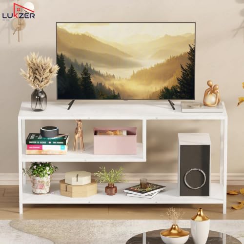 Image of Lukzer Metal & Engineered Wood TV Unit Stand Ideal for TVs Up to 43 Inch | MTU-001 /White & White | Open Shelves for WiFi Router, Set-Top Box, Speakers & Decor | Living Room Storage Rack Organizer