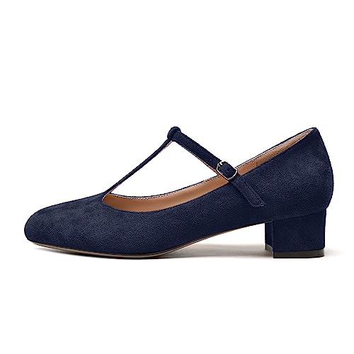 NUMALEO Womens Style Cute Suede T Strap Buckle Party Round Toe Chunky Low Heel Pumps Shoes 1.5 Inch2