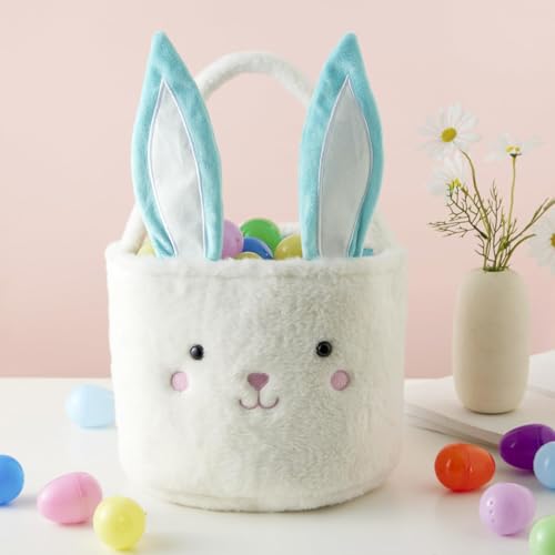 Image of Plush Bunny Basket for Easter Fluffy Easter with with Bunny Ears , Easter Egg Hunts Decorations Candy Gifts Storage (Blue White)