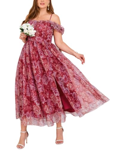 Image of EYWOL Plus Size Formal Wedding Guest Cocktail Party Floral Dress with Slit