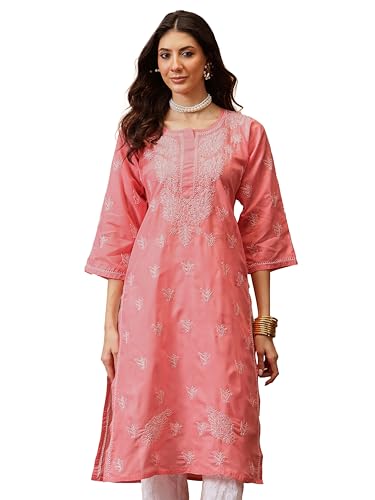 Image of Ada Hand Embroidered Lucknowi Chikankari Cotton Kurta for Women A133488 | Handcrafted lucknow chikan embroidery latest womens ethnic wear kurti tunic for office work wear