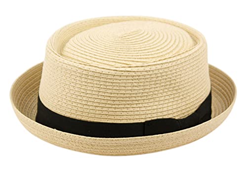 Pork Pie Summer Men's Straw Braid/Poly Braid Beach Dressy Small Brim hat Grosgrain Band Bow with Adjustable Drawstring (Small-Medium,Pork Pie Natural Straw 1857)