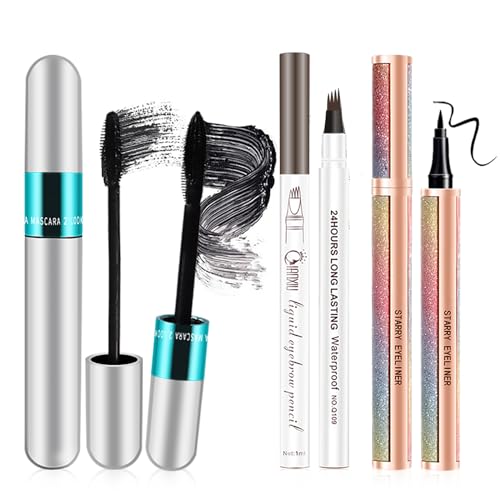 4D Silk Fiber Mascara set, 2 in 1 For VIBELY Mascara & Eyeliner & Eyebrow Pencil (Brown) set, No Clumping, Long-lasting, Creates Natural-Looking Brows and Stays on All Day (3 PCS)
