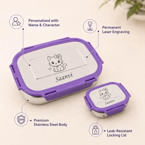 Image of Personalized Stainless Steel Tiffin Box for Kids - Name & Character Engraved | Durable Leak-Proof School & Office Lunch Box with Inner Container & Locking Clip | Food Safe & Travel-Friendly