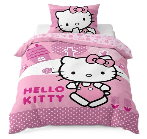 BrandMac Hello Kitty Kinder Bettwäsche Set | Bettbezug 140x200 cm + Kissenbezug 50x70 cm 100% Baumwolle | Offizielle Sanrio Weiche und Atmungsaktive Kinderbettwäsche Hello Kitty - Rosa