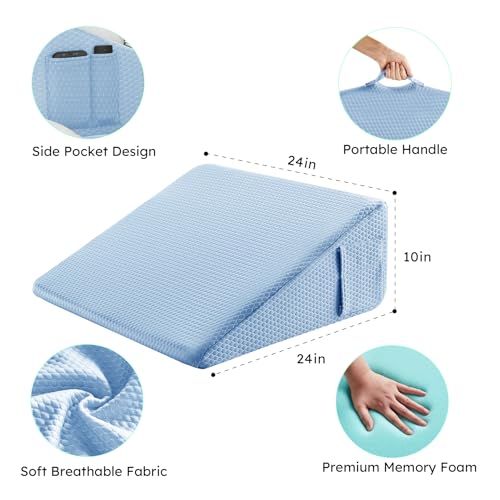 Image of Bedluxe Wedge Pillow, 10 inch Bed Wedge Pillow for Headboard, Pillow Wedge for Acid Reflux Relief, Sleeping, After Surgery, Snoring, Gerd, Triangle Pillow Wedge - Cooling Memory Foam Top, Light Blue