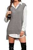 Arach&Cloz Women's Wool Blend Sweater Vests V Neck Oversized Spring Fall Essential Cashmere Business Casual Outfits Sleeveless Tops Side Slit High Low Fashion Winter Clothes 2026 Grey L