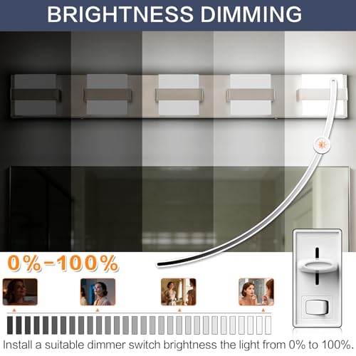 Image of SOLFART 5-Light Bathroom Vanity Lights Over Mirror,Brushed-Nickel LED Modern Vanity Lights for Bathroom, Dimmable