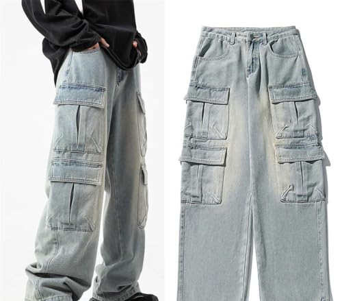 Men’S Workwear Multi Pocket Jeans Mid Waist Loose Fit Wide Leg Denim Pants Casual Zipper Fly Vintage Wash Jeans2
