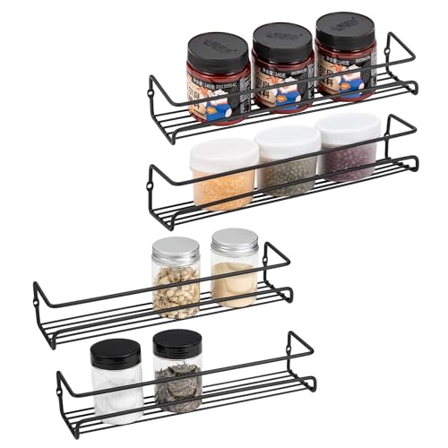 ROFAY Organizador de especias de Metal, paquete de 4 estantes de pared con adhesivo y tornillos para especias, hierbas, tarros y otros en armario/cocina/armarios/despensa, negro