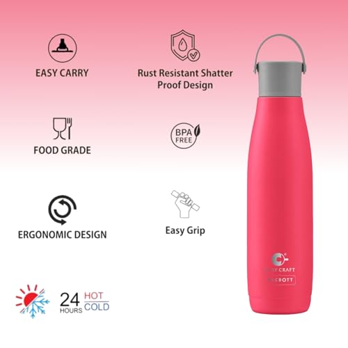 Image of Clay Craft VACBOTT Fresco Double Walled 18 Hours Hot and 24 Hours Cold Water Bottle-800ML, 2-Piece(Pink) Leak Proof|Easy to Carry|Gym Bottle|Home|Kitchen|Hiking|Travel Bottle|BIS Certified
