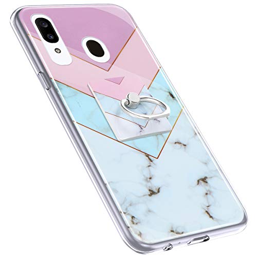 Urhause Cover Compatible with Samsung Galaxy A20 Case Sparkle Glitter Bling Marble Case TPU Silicone Ring Holder Cover 360 Degree Rotation Ring Holder Kickstand Shiny Bling Shockproof Cover Rainbow
