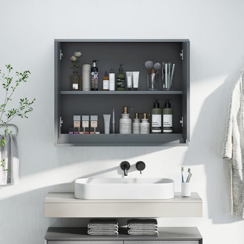 COSTWAY Bathroom Mirror Cabinet, Wall Mounted Storage Cupboard with Shelf, Home Kitchen Living Room Display Organiser Unit (Smaller Double Door, Grey) - Cosy Home Interiors COSTWAY Bathroom Mirror Cabinet, Wall Mounted Storage Cupboard with Shelf, Home Kitchen Living Room Display Organiser Unit (Smaller Double Door, Grey) - Image 9