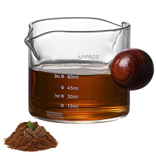 Verre Espresso Shot Double Bec - Verre à Shot Espresso robuste, Accessoires Espresso , Pichet à double bec expresso Tasse doseur avec poignée boule en bois et échelles de mesure claires de 1/2/3/4/5oz