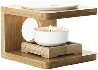 HAMILO 茶香炉 アロマ 香皿 ろうそく 竹製台座 陶磁器 リラクゼーション アロマオイル (ナチュラルウッド)