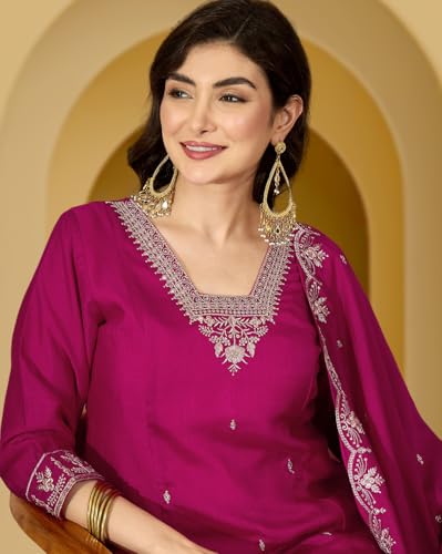 Image of Amazon Brand - Tavasya Women Vichitra Zari Sequence Embroide Kurta with Pant and Dupatta|Salwar Suit|Kurta Set|3 Piece Set