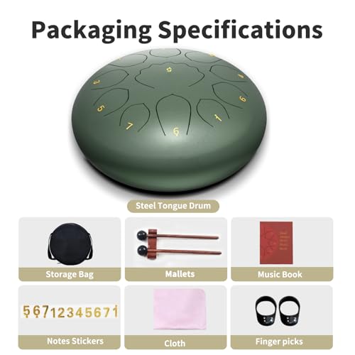 Stahlzungentrommel,Noten Regentrommeln für Außengarten, Regenspiel, Handpfanne mit Musikbuch, Schlägel, Regenspiel, wasserdicht, Handpan-Instrument im Freien (Steingrün, 8 Zoll)