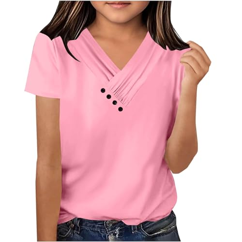 Girls Cute V Neck Tshirts Casual Solid Color Button Down Tee Tops Summer Trendy Short Sleeve Shirts Preppy Clothes