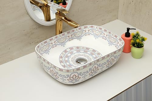 Image of Moroccan Design Ceramic Tabletop Wash Basin | Countertop Vessel Sink | Wash Basin over counter For Bathroom Hotel Home (18x13x5.5 Inch) (TORO 4014) (Moroccan Design 108)