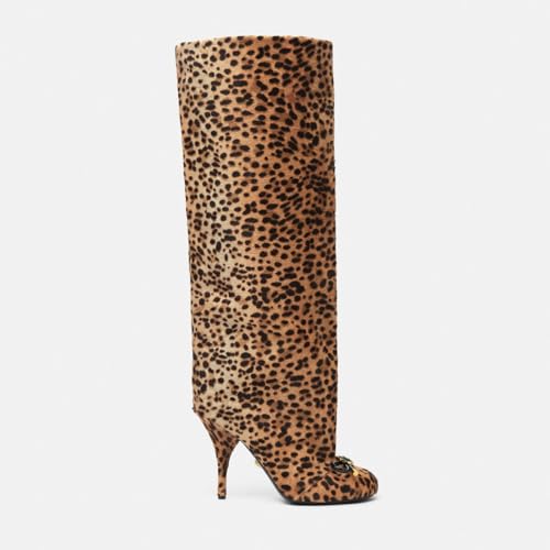 Goolita Women's Bow Leopard Knee High Boots Round Toe Stiletto Heels Fashion Slip on Wide Calf Tall Boots3