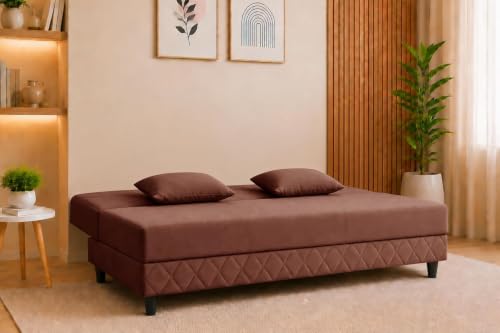 Image of Deco Studio 3 Seater Sofa Bed | Premium Upholstered Velvet Fabric Folding Couch for Living Room, Guest Room & Bedroom | Quilted Backrest with 2 Cushions (Brown)