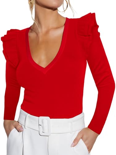 Ezbelle Women's V Neck Tops Long Sleeve Ruffle Blouses Ribbed Knit Crop Puff Shirt Trendy Work Outfit Layer Fall Fashion Tops Red L