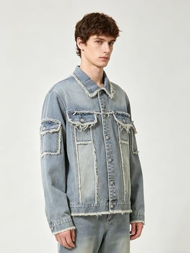 Image of Men's Denim Jacket Patchwork Fringe Jacket Slim Jean Jacket Streetwear Coat