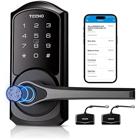 TEEHO Smart Lock - Keypad Door Lock with Handle - 6-in-1 Fingerprint Door Lock for Front Door - Bluetooth APP Control - Easy Installation - IP54 Waterproof - Matte Black Cover