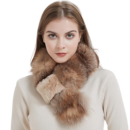 Bibury Real Fox Fur Scarf With Rex Rabbit Fur Trim, Cold Weather Neck Warmer,Winter Accessories