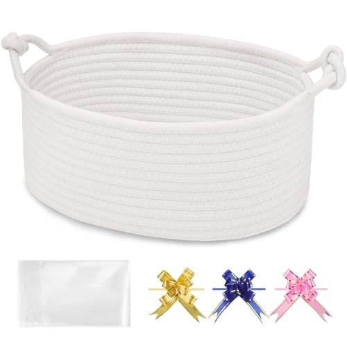BOSROTY Baby Gift Baskets Empty with Handle Small Woven Basket with Gift Bags and Ribbons Decorative Organizer Box for Baby Pet Toy 30.5 x 20 x 13 CM White