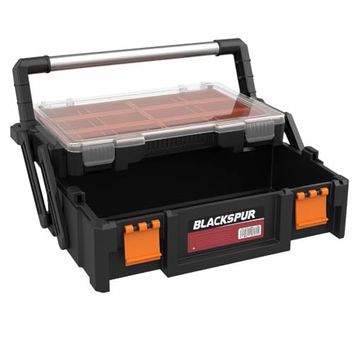 2 Tier 18'' Cantilever Tool Storage Box Organiser Carry Case Trays Screws Nails, Plastic Storage Folding Toolbox with Metal Carry Handle 2 2 Tier 18'' Cantilever Tool Storage Box Organiser Carry Case Trays Screws Nails, Plastic Storage Folding Toolbox with Metal Carry Handle - Image 2