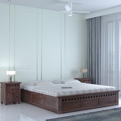 Image of Ganpati Arts Armania Solid Sheesham Wood King Size Bed with Box Storage Without Headboard Wooden Double Bed Cot Palang Furniture for Bedroom Living Room Home (Walnut Finish)