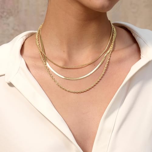 Freekiss Herringbone Necklace for Women,Dainty Gold Necklace,14k Gold Plated Snake,Gold Chain Choker Necklaces,Simple Gold Layered Necklaces,Gold Jewelry Gift for Women3