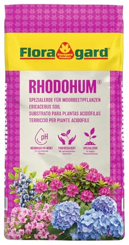 Floragard Rhodohum Rhododendronerde 40 L pH-saure Moorbeeterde mit lockerer Struktur & guter Wasserspeicherung ideal zum Pflanzen von Rhododendren Azaleen & Anderen Moorbeetpflanzen im Garten