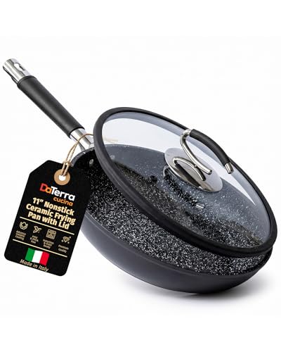 Image of DaTerra Cucina 11 inch Nonstick Ceramic Frying Pan with Lid - Oven & Induction Safe, High Heat Resistant Nonstick Cookware, Dishwasher Safe, Durable & Stylish - Volcanic Black Speckled - Made in Italy