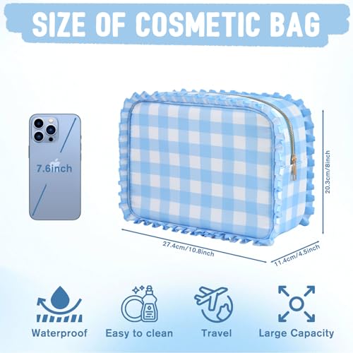EMBRUNIOICE Gingham Ruffle Makeup Bag,Large Travel Cute Cosmetic Bag for Women Girls,Toiletry Bag Make up Organizer 10.8 x 4.5 x 8 inch (Blue Gingham) by EMBRUNIOICE - Image 5
