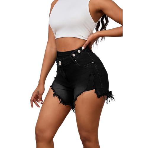 Image of PINSV Women's High Waisted Crossover Jean Shorts Ripped Hem Raw Denim Shorts
